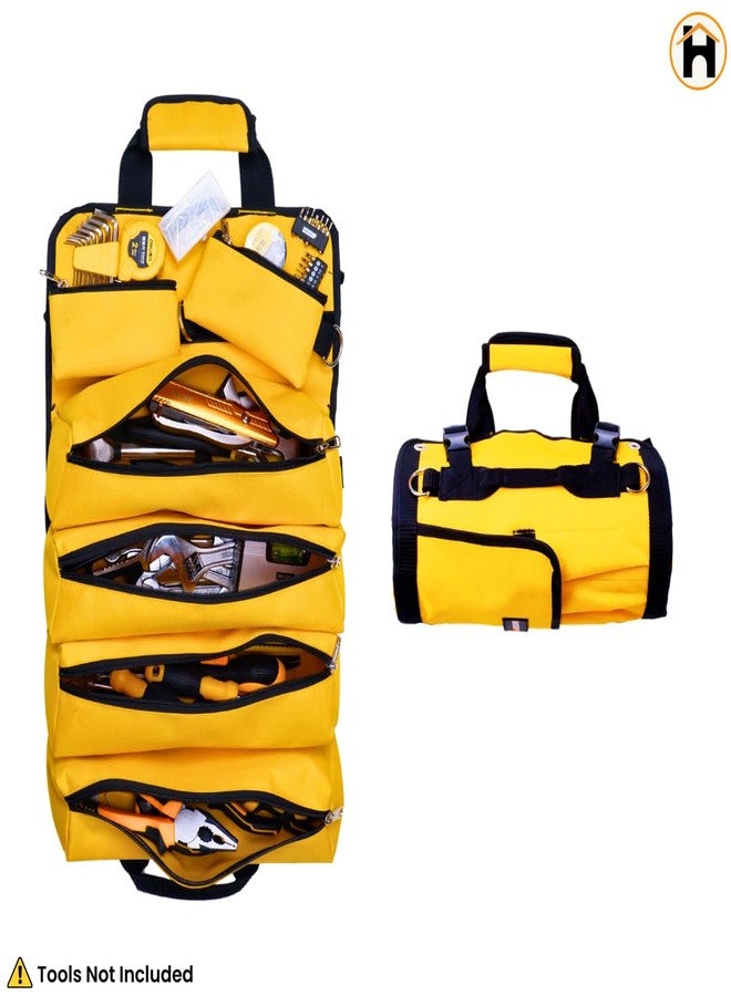 Homdum Tool Bag Tools Storage Bag Portable Roll Up,Heavy Duty Tool Organizer with 4 Zipper Pocket & 2 Detachable Tool Pouch waterproof for Electrician Plumber Technician Nylon Matrial(Yellow/Black) - Image 3